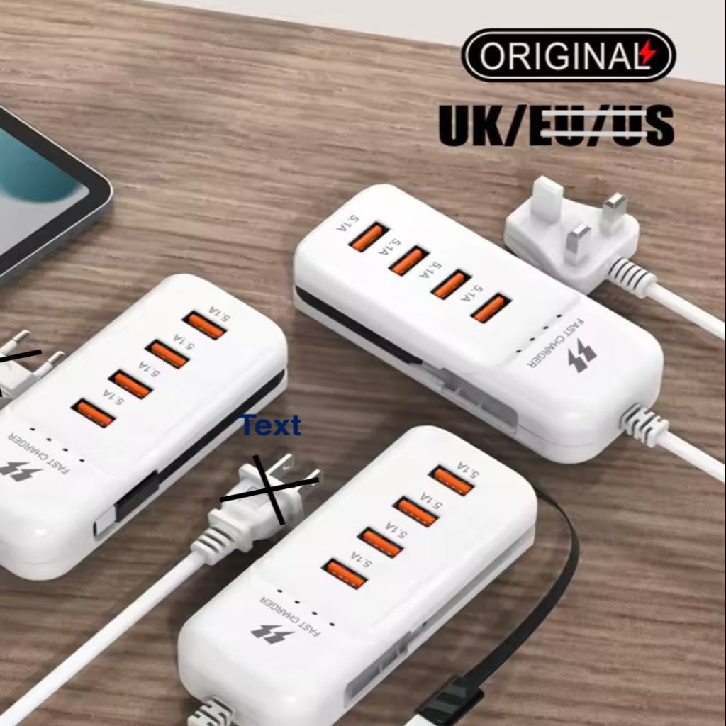 شاحن USB بأربعة منافذ في المملكة المتحدة - محول حائط للشحن السريع بقدرة 66 وات مع منفذين USB ومنفذين من النوع C لأجهزة iPhone والهواتف المحمولة