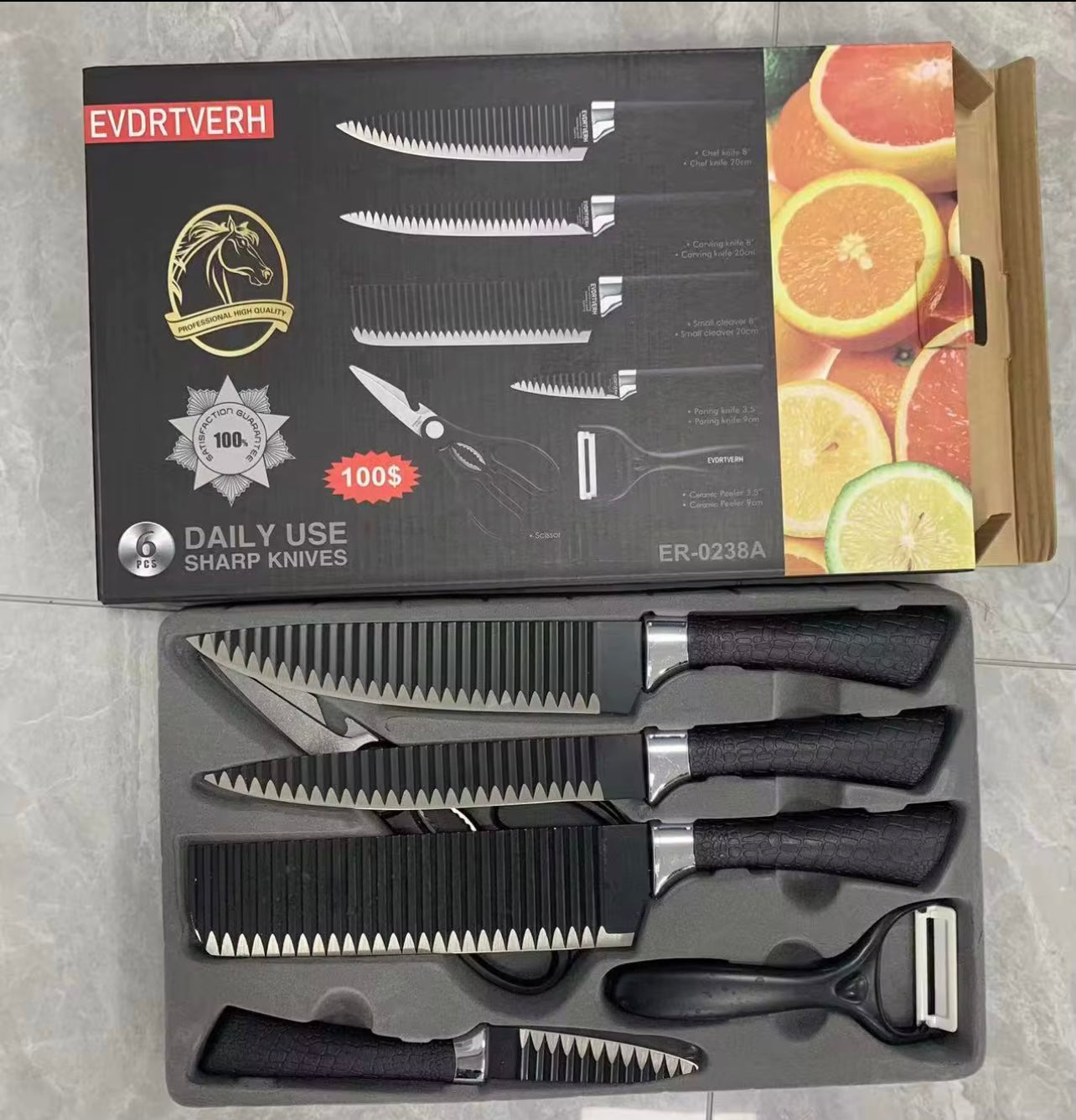 Black Wave 6-Piece Kitchen Knife Set – Stainless Steel Chef & Fruit Knives with Gift Box