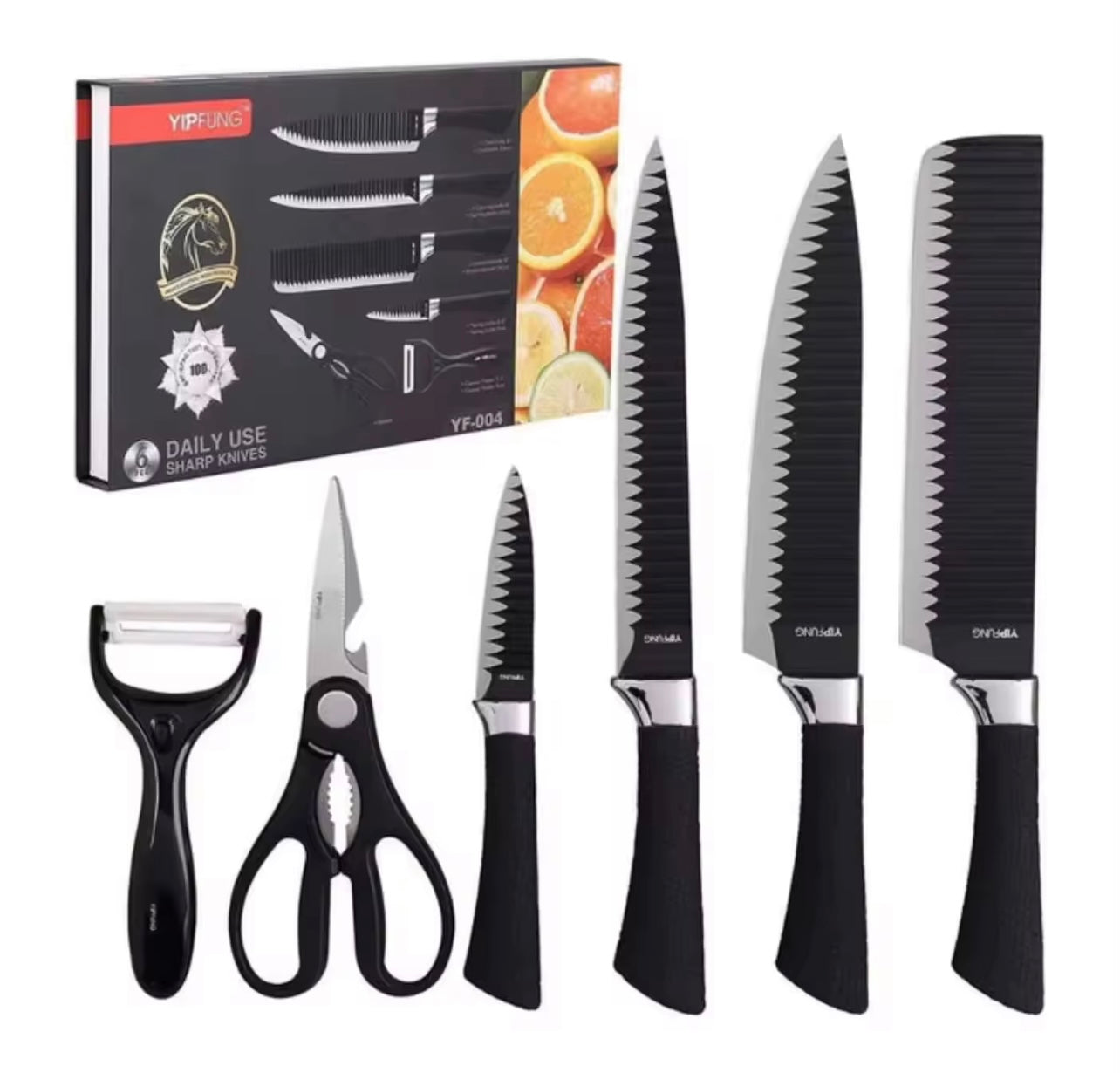 Black Wave 6-Piece Kitchen Knife Set – Stainless Steel Chef & Fruit Knives with Gift Box
