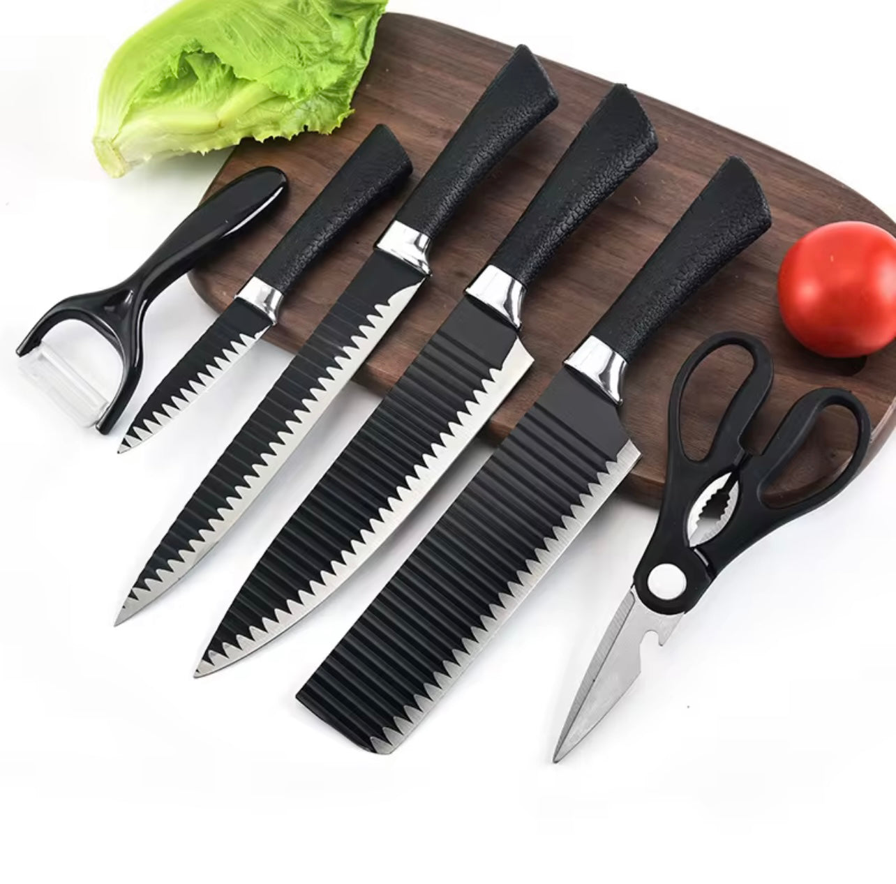 Black Wave 6-Piece Kitchen Knife Set – Stainless Steel Chef & Fruit Knives with Gift Box