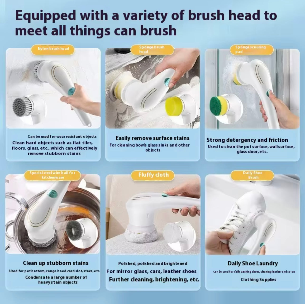 فرشاة تنظيف كهربائية دوارة مع 5 رؤوس قابلة للتبديل - منظف متعدد الأسطح قابل للشحن عبر USB