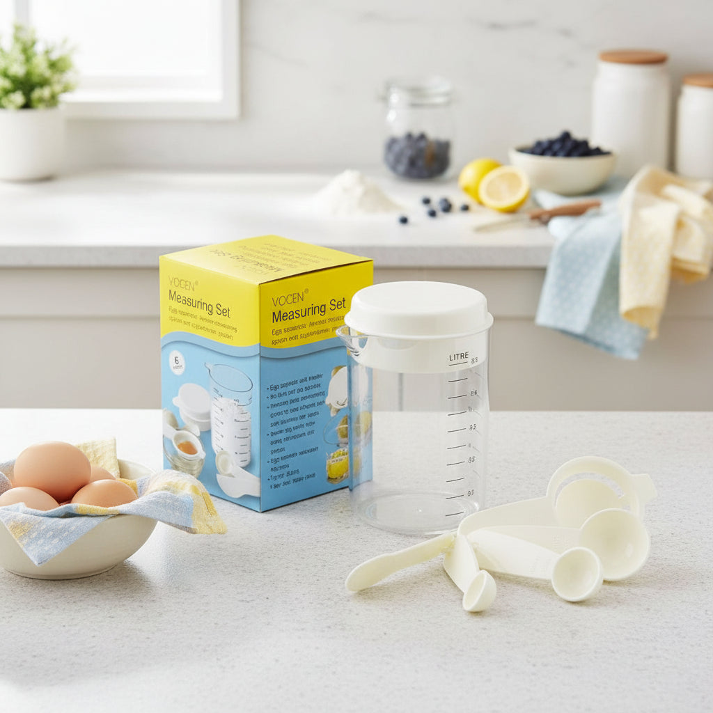 6-Piece Measuring Set with Egg Yolk Separator – Measuring Spoons & Cup with Lid