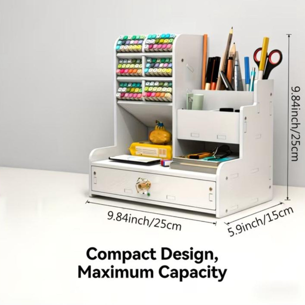 Compact Desk Organizer with Drawer – PVC Pen Holder & Marker Storage for Home Office