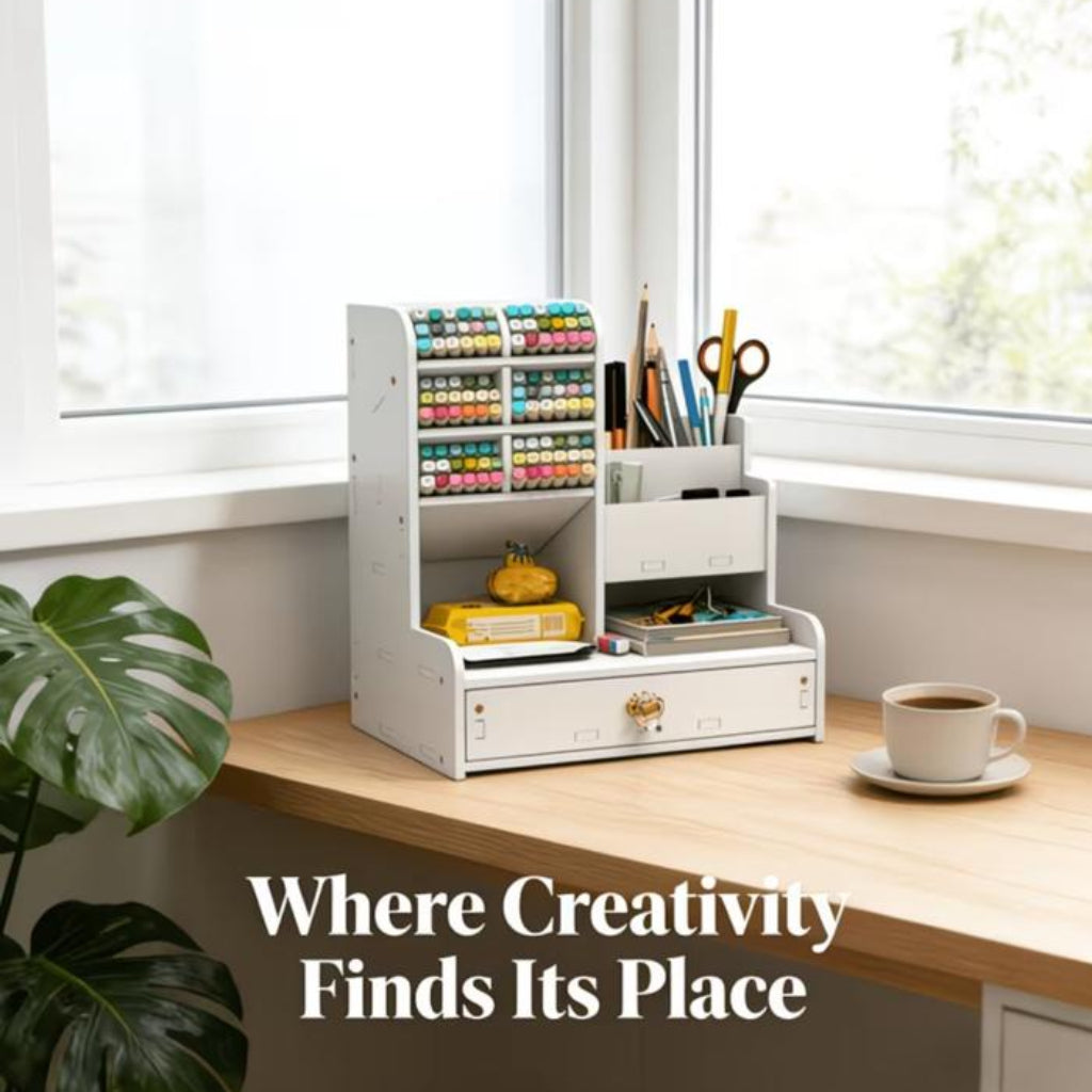 Compact Desk Organizer with Drawer – PVC Pen Holder & Marker Storage for Home Office