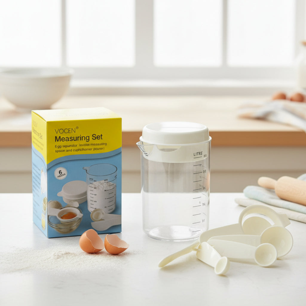 6-Piece Measuring Set with Egg Yolk Separator – Measuring Spoons & Cup with Lid