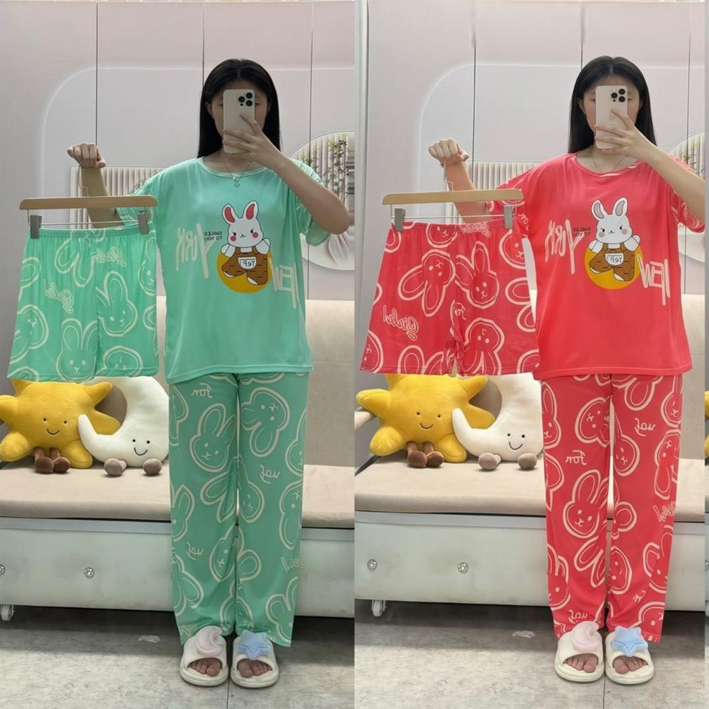 3-Piece Free Size Pajama Set – Comfortable & Breathable Homewear