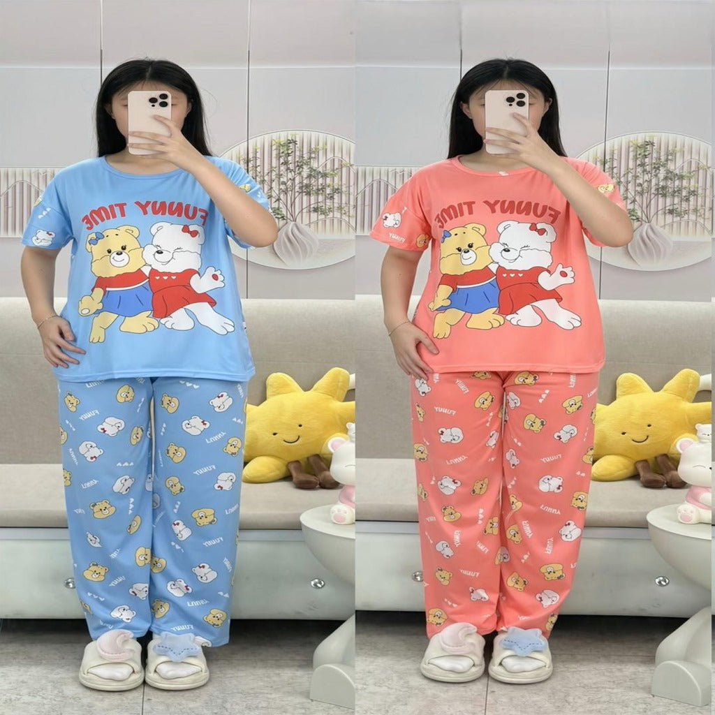 Free Size 2 pcs Pajama Set, Bedroom Outfit Comfortable And Breathable Casual Home Clothes Stitch Animal Print Includes Short-Sleeved Top,Long Pants,