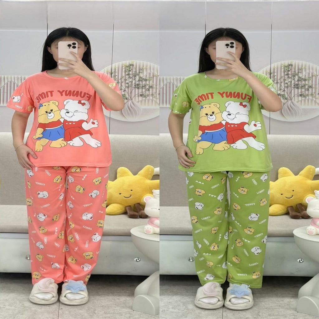 Free Size 2 pcs Pajama Set, Bedroom Outfit Comfortable And Breathable Casual Home Clothes Stitch Animal Print Includes Short-Sleeved Top,Long Pants,