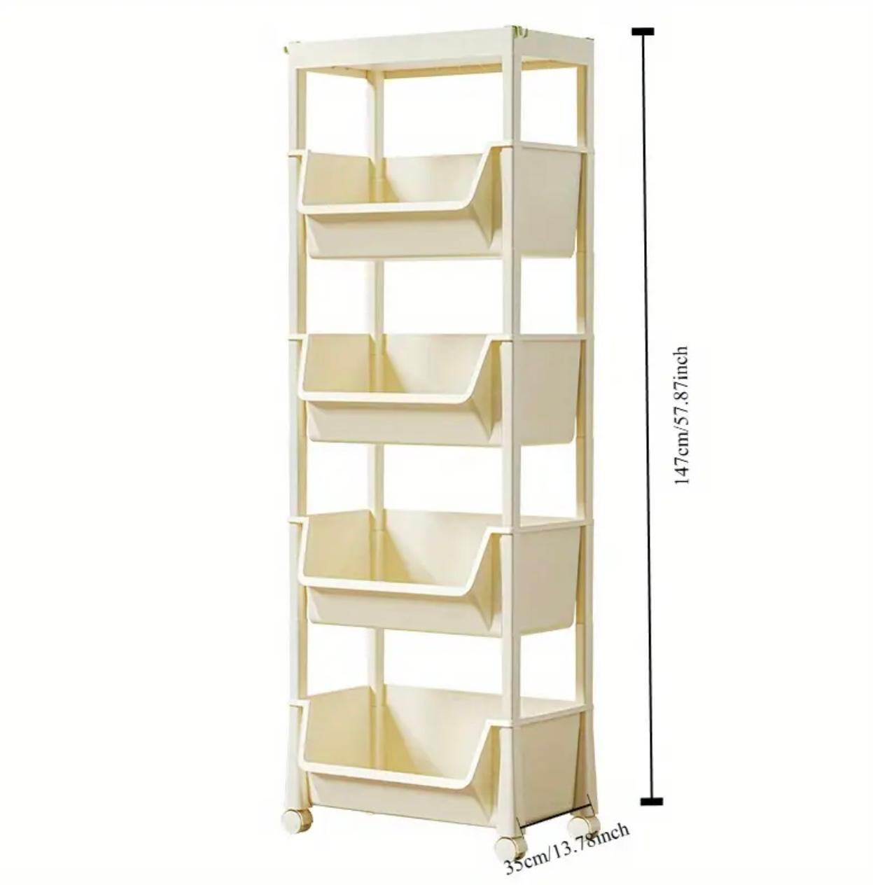 رف تخزين دوار من البلاستيك الأبيض مكون من 5 طبقات مع عجلات - منظم نحيف متعدد الطبقات للمنزل والمكتب