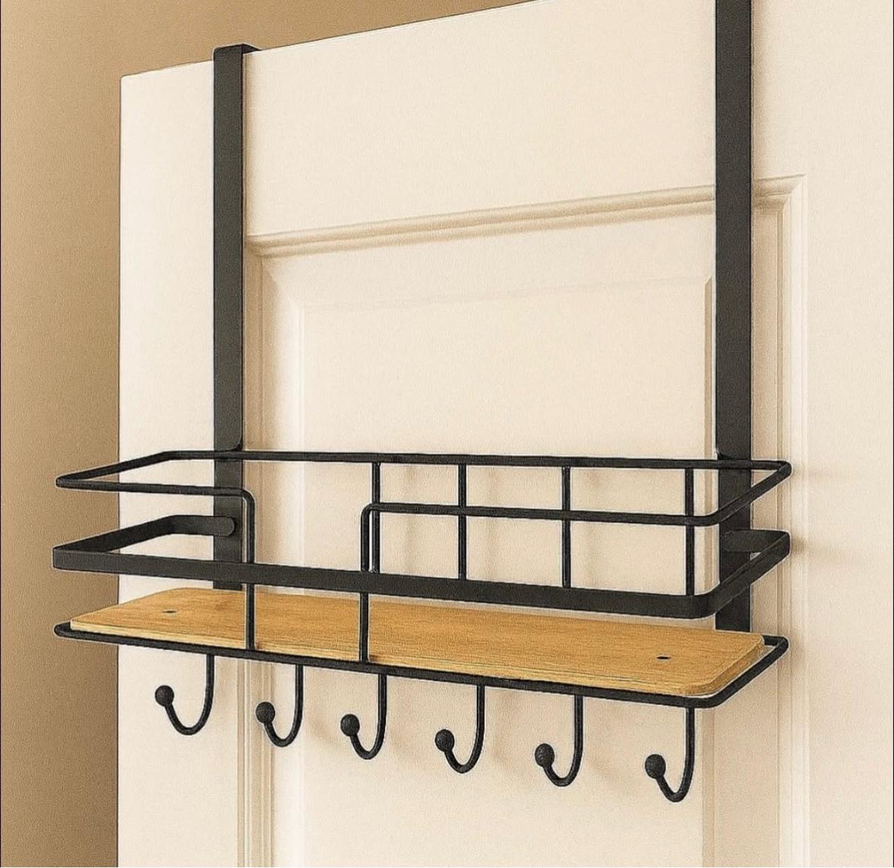 رف تخزين فوق الباب مع 5 خطافات - منظم معدني سهل التركيب للمنزل