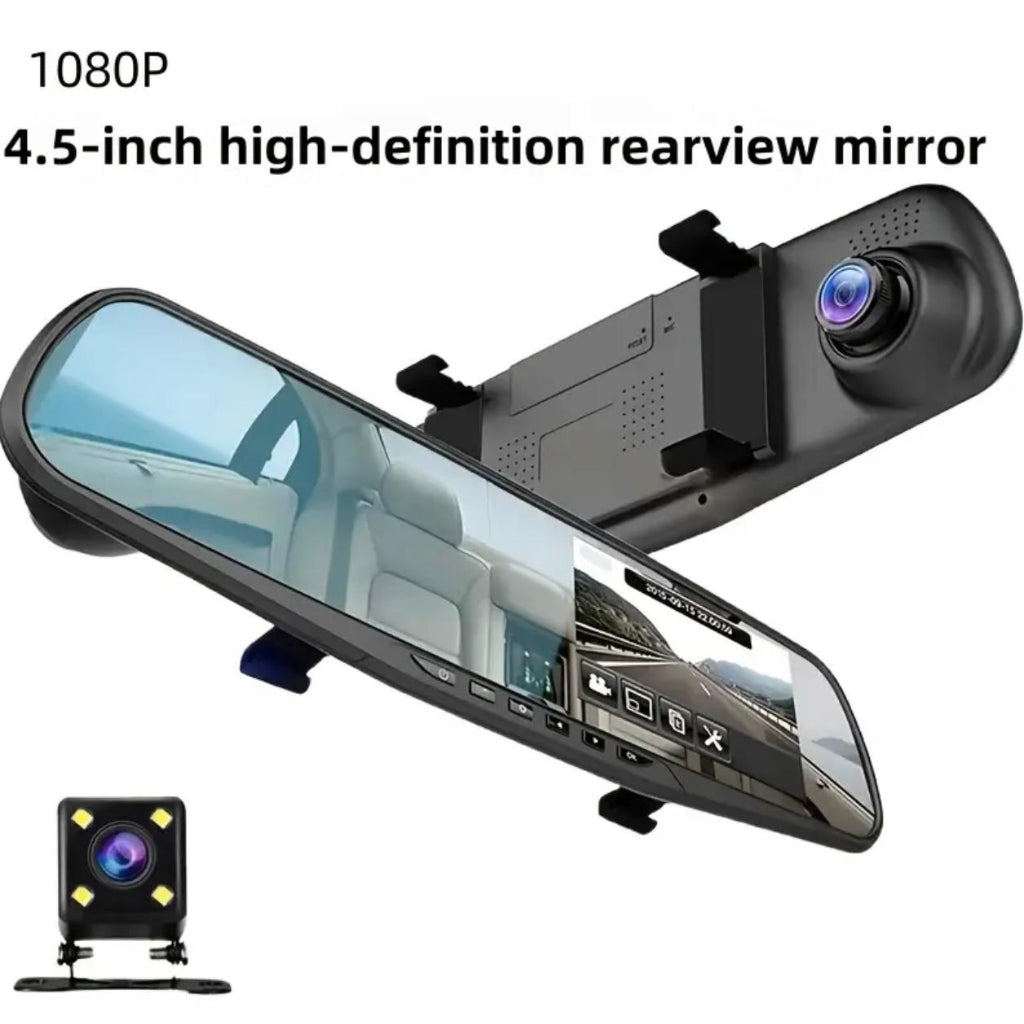4.5-Inch Rearview Mirror Dash Cam β 1080P Front + 720P Rear, Continuous Recording, Reverse Camera Support ,Ready Smart Driving Technology