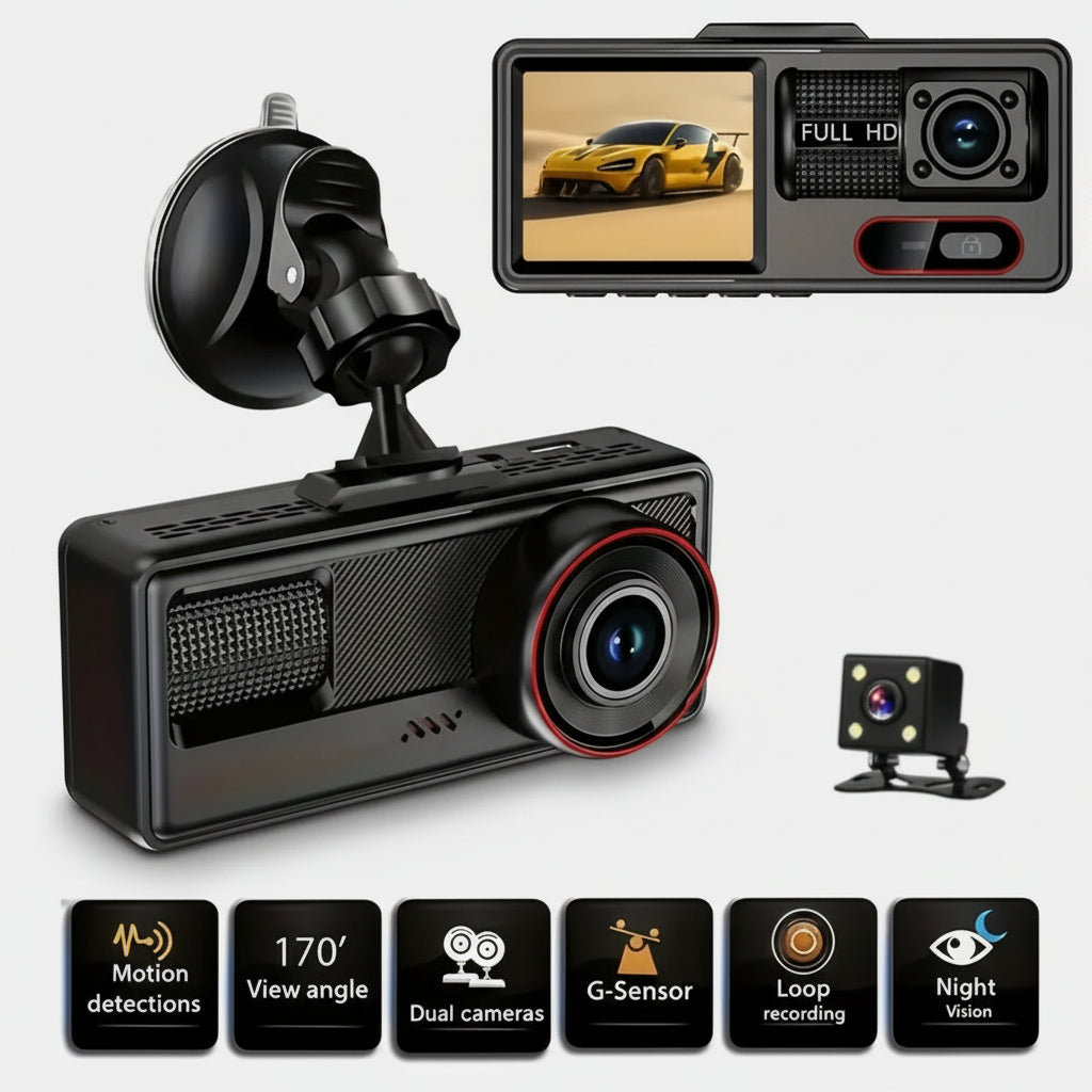 Dual Lens Dash Cam β Front & Cabin Recording with Night Vision, G-Sensor, Loop Recording & Parking Monitor.