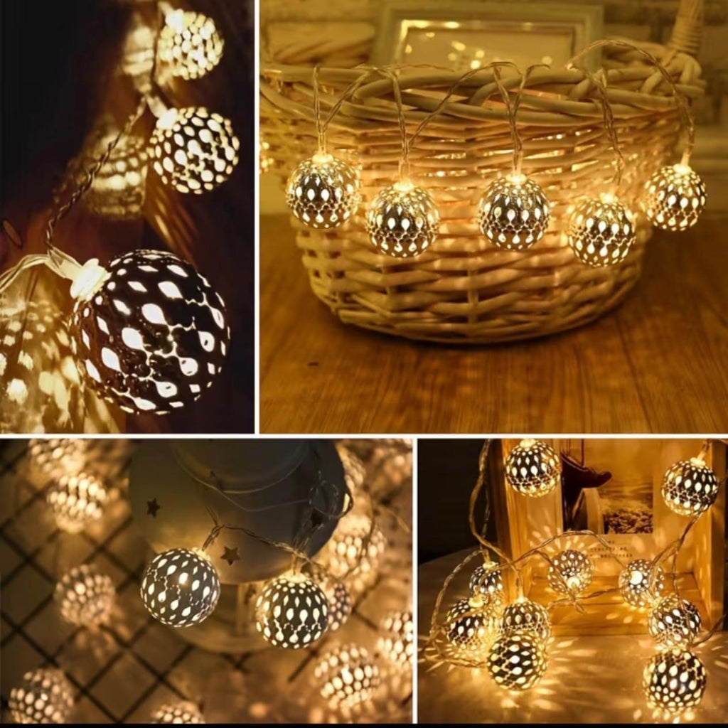 Battery-Operated String Lights – 10 Gold LED Spheres, 2M (Warm White)