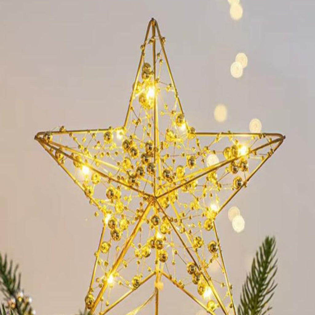 LED Star Christmas Tree Topper – Glitter Gold Metal Star