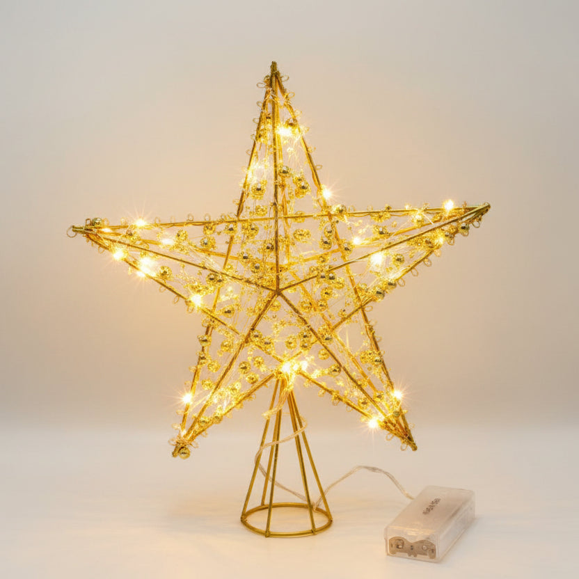 LED Star Christmas Tree Topper – Glitter Gold Metal Star