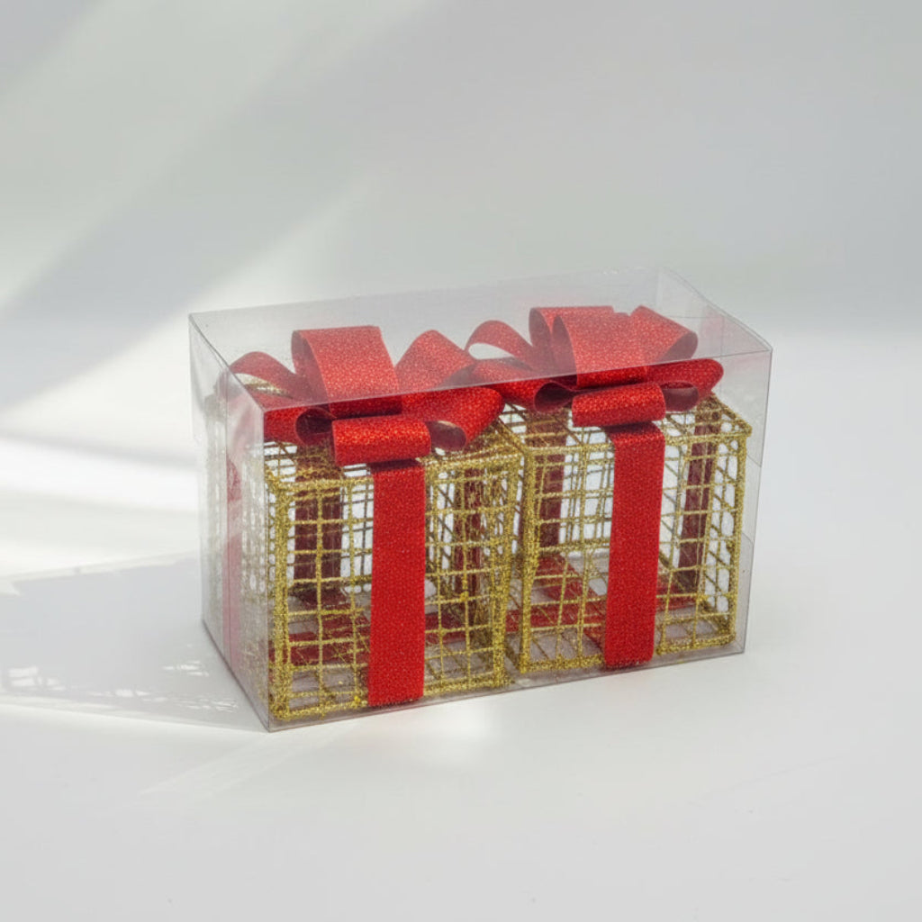 Set of 2 Christmas Glowing Golden Gift Boxes with Bows
