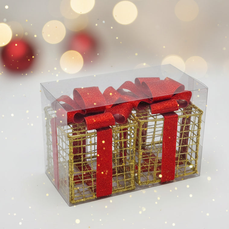 Set of 2 Christmas Glowing Golden Gift Boxes with Bows