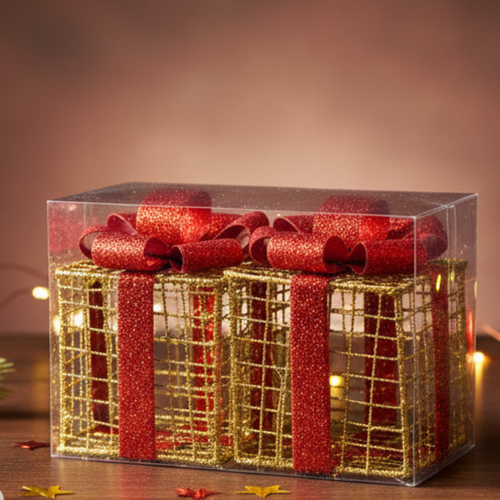 Set of 2 Christmas Glowing Golden Gift Boxes with Bows