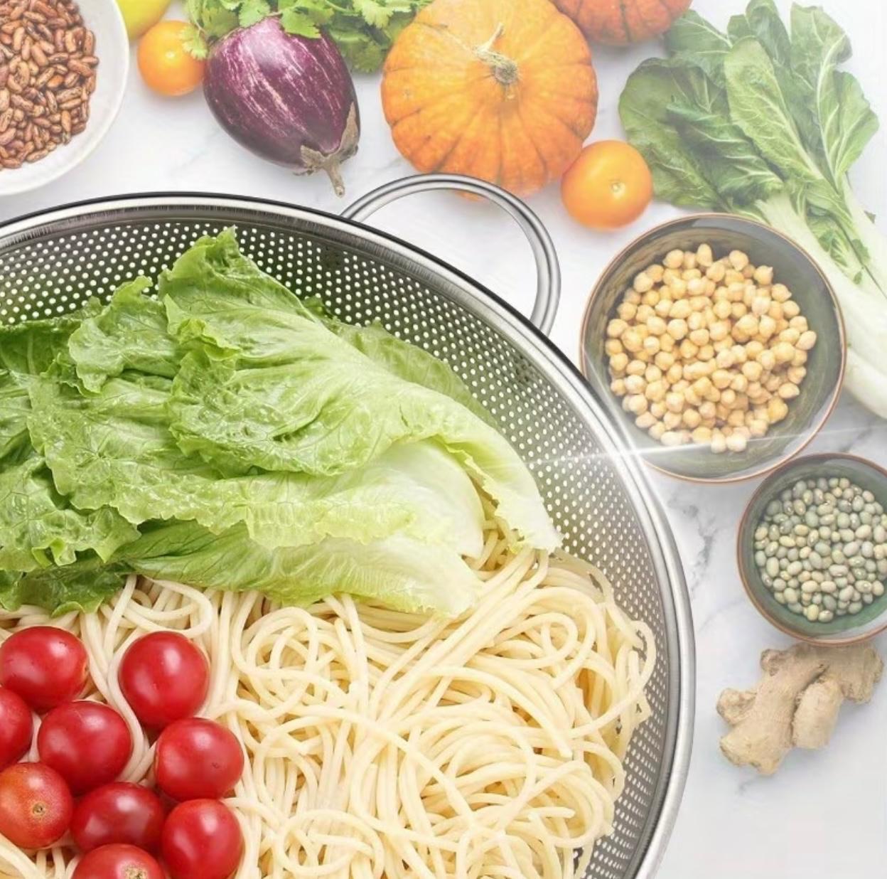 وعاء فلتر صغير المسام من الفولاذ المقاوم للصدأ بمقابض مزدوجة – سلة صرف للمطبخ متعددة الأغراض