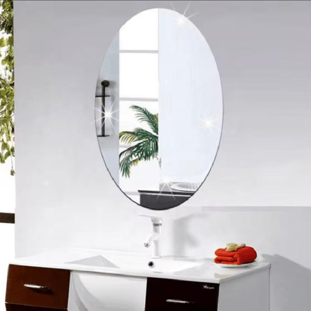 Mirror Wall Sticker, Oval Shape Frameless Vanity Wall Mirror for Bathroom, Living Room & Bedroom