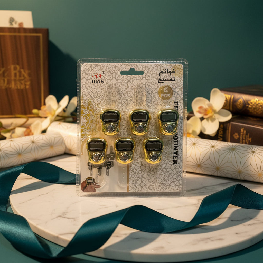 6 PCS Golden Tasbih Counter – Digital Finger Tally Counter for Prayer & Dhikr