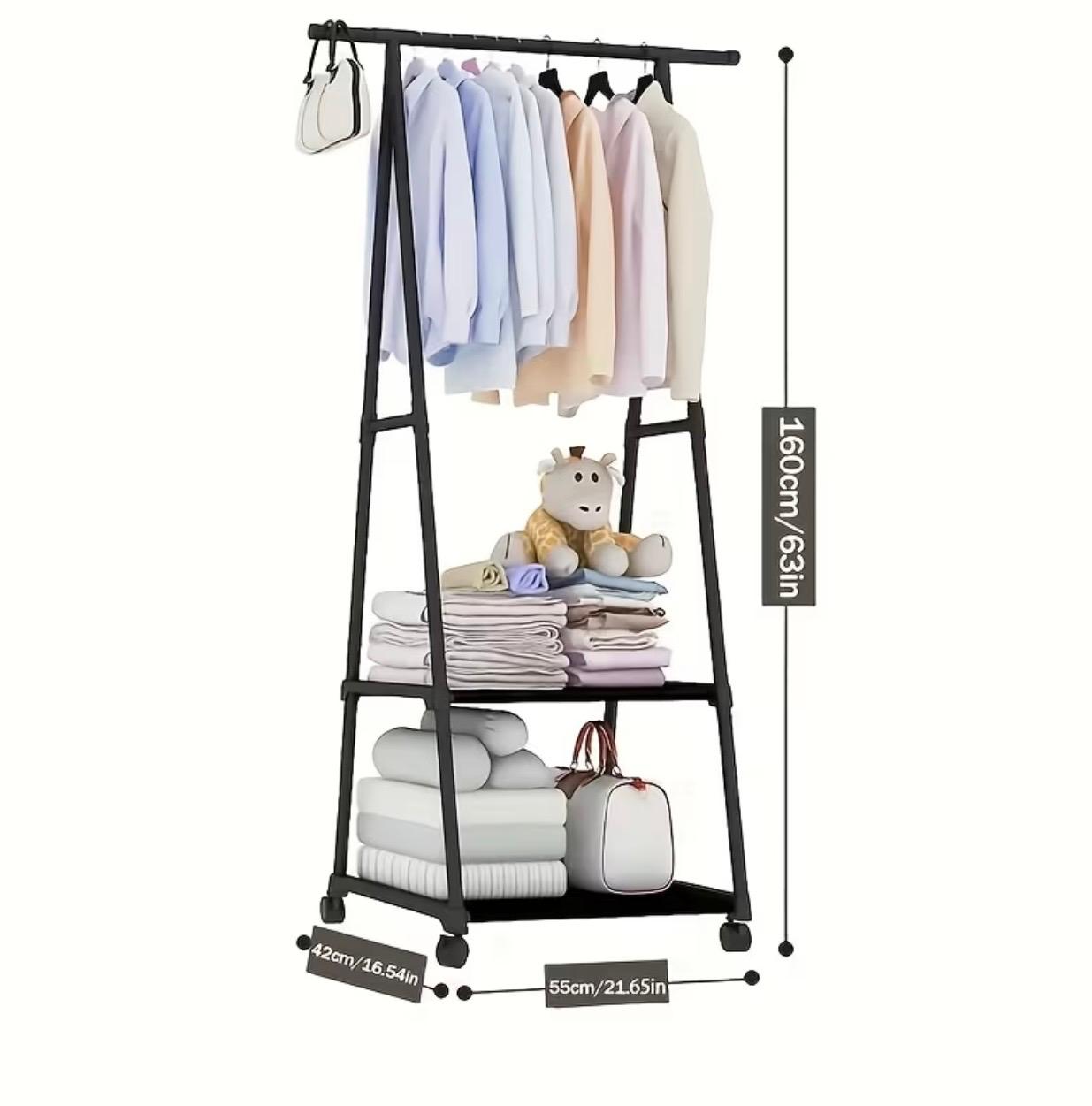 Multifunctional Mobile Heavy-Duty Metal Clothes Hanger & Coat Rack with Wheeled Stand – Triangular Space-Saving Multi-Tier Shelf Organizer