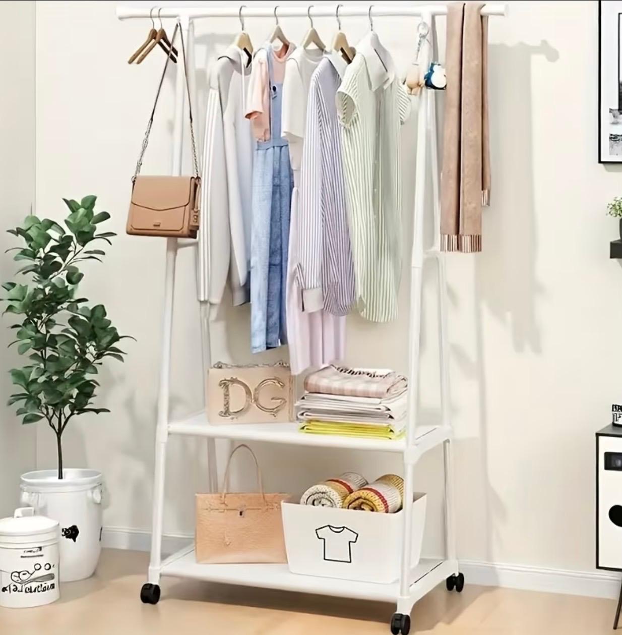 Multifunctional Mobile Heavy-Duty Metal Clothes Hanger & Coat Rack with Wheeled Stand – Triangular Space-Saving Multi-Tier Shelf Organizer