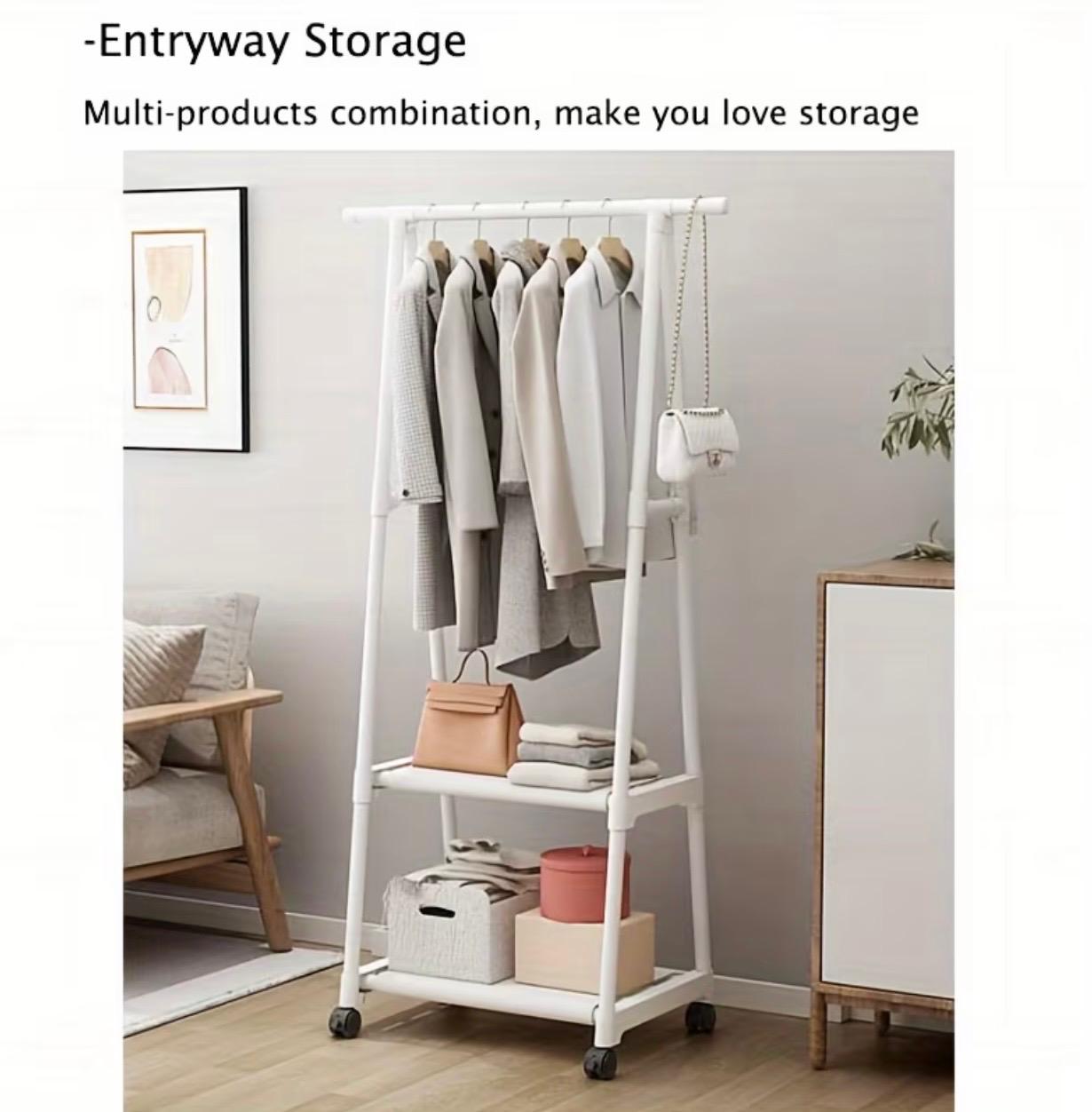 Multifunctional Mobile Heavy-Duty Metal Clothes Hanger & Coat Rack with Wheeled Stand – Triangular Space-Saving Multi-Tier Shelf Organizer
