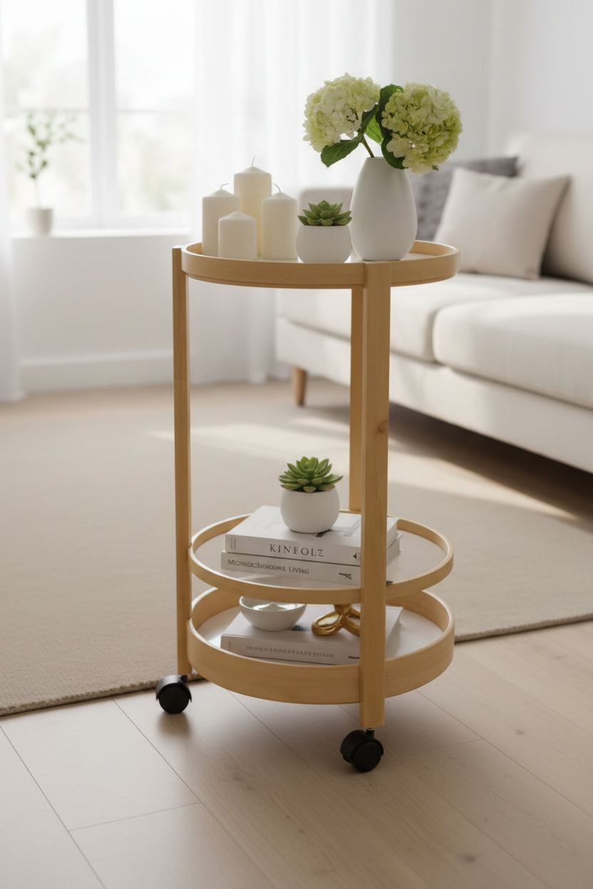 Wooden Movable Multi-Layer Round Shape Stand with Wheels