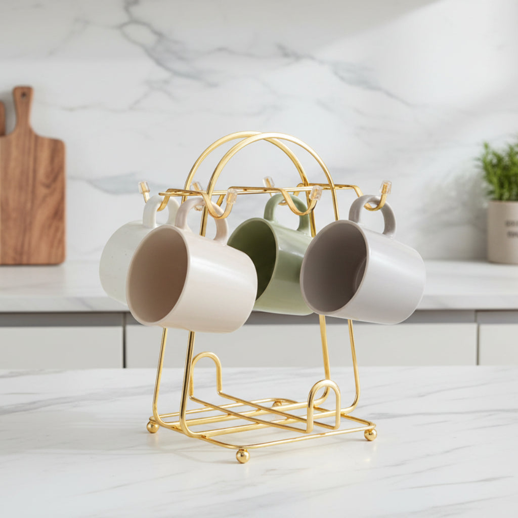 Golden Metal Mug and Cup Holder Stand,Designed With Multiple hooks on the sides,