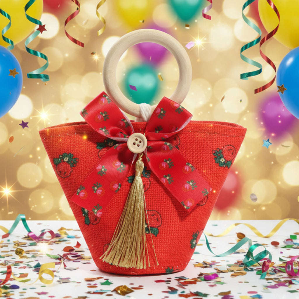 Gift Bag with Wooden Handle & Ribbon Bow