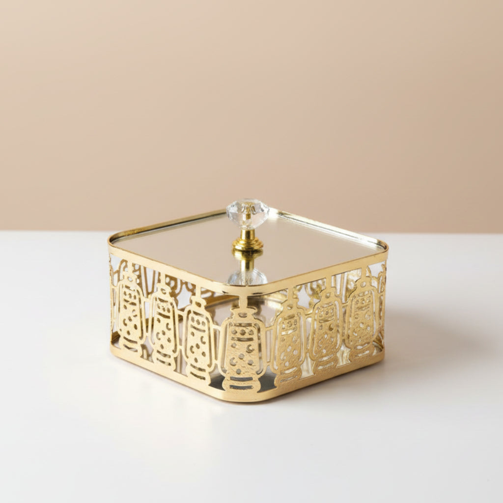 Ramadan Candy Dish-Gold Metal Frame with Glass Top