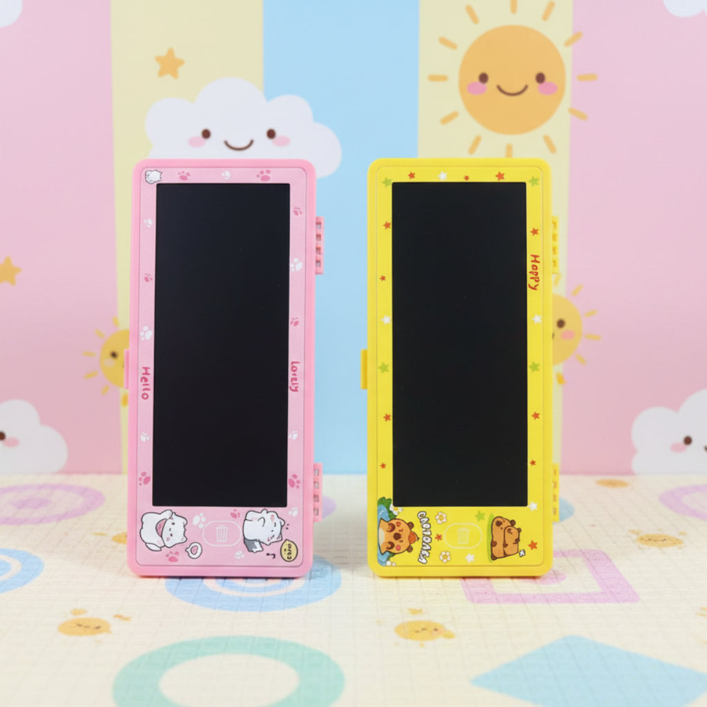 صندوق تخزين القلم المخصص - منظم قرطاسية كرتوني لطيف مع لوحة رسم LED مقاس 7 بوصة