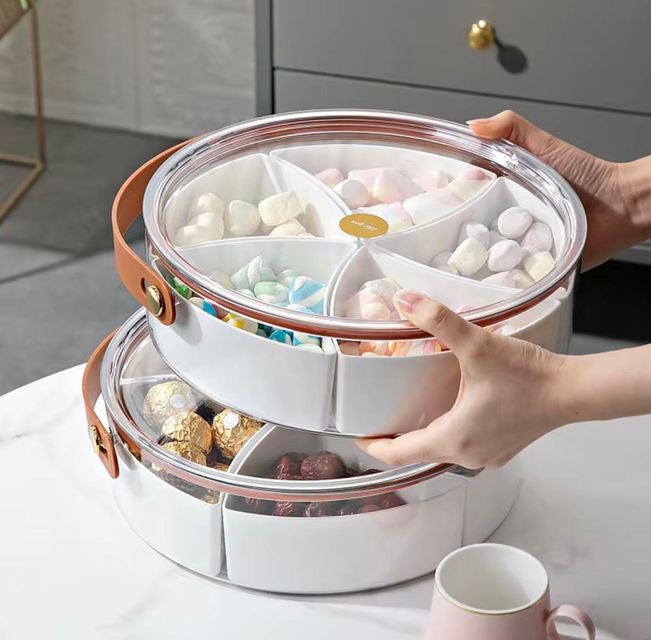 Transparent Snack & Candy Organizer Box with Faux Leather Handles – Portable Storage with Sealed Compartments