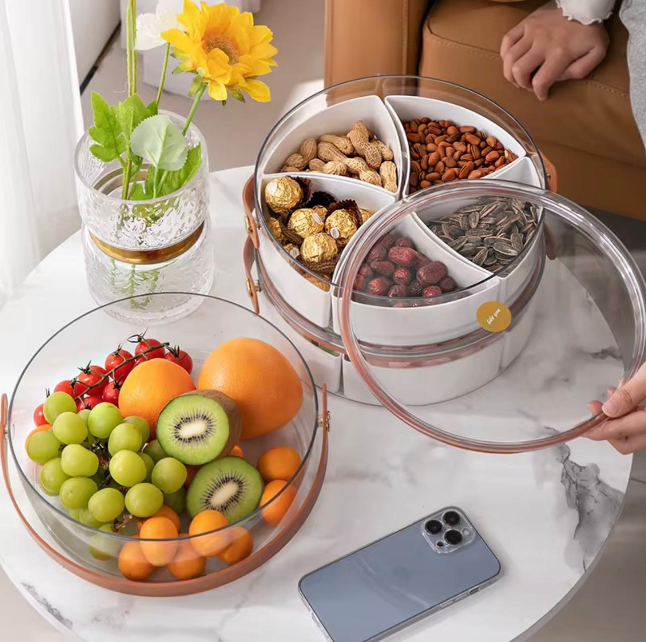 Transparent Snack & Candy Organizer Box with Faux Leather Handles – Portable Storage with Sealed Compartments