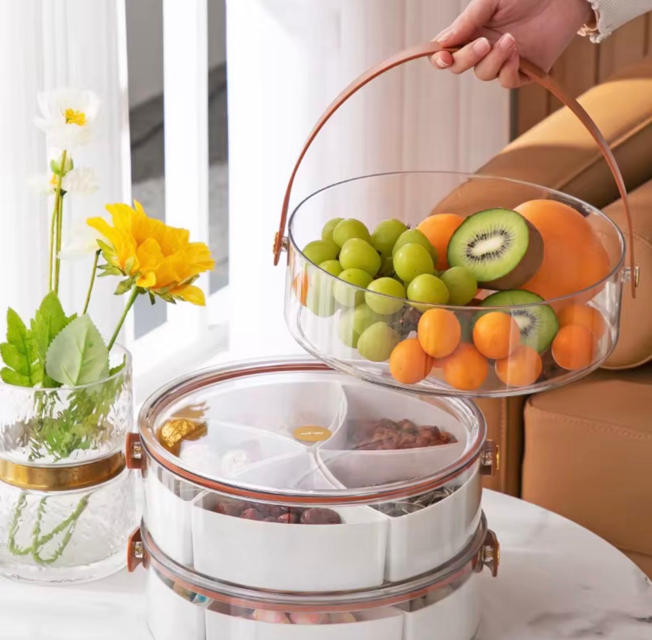 Transparent Snack & Candy Organizer Box with Faux Leather Handles – Portable Storage with Sealed Compartments