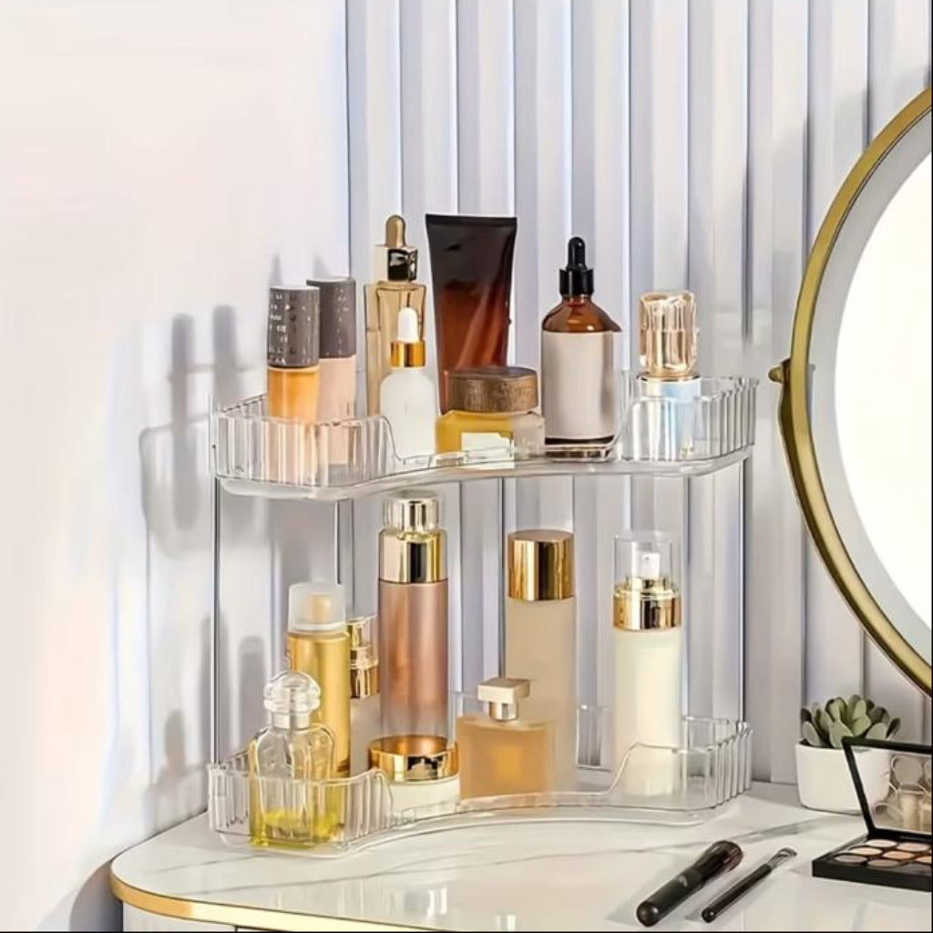 Multi-Layer Plastic Corner Shelf – Transparent Cosmetics & Perfume Organizer, Space-Saving Vanity Rack