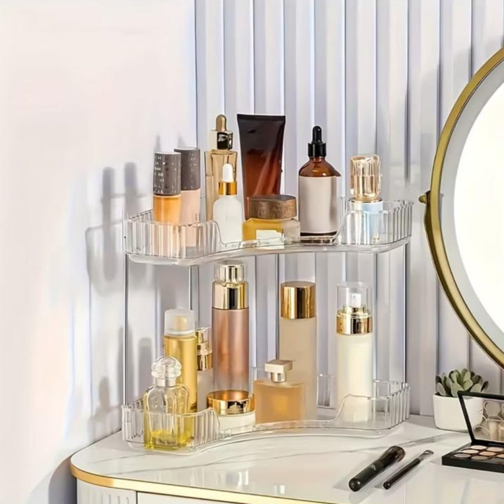 Multi-Layer Plastic Corner Shelf – Transparent Cosmetics & Perfume Organizer, Space-Saving Vanity Rack