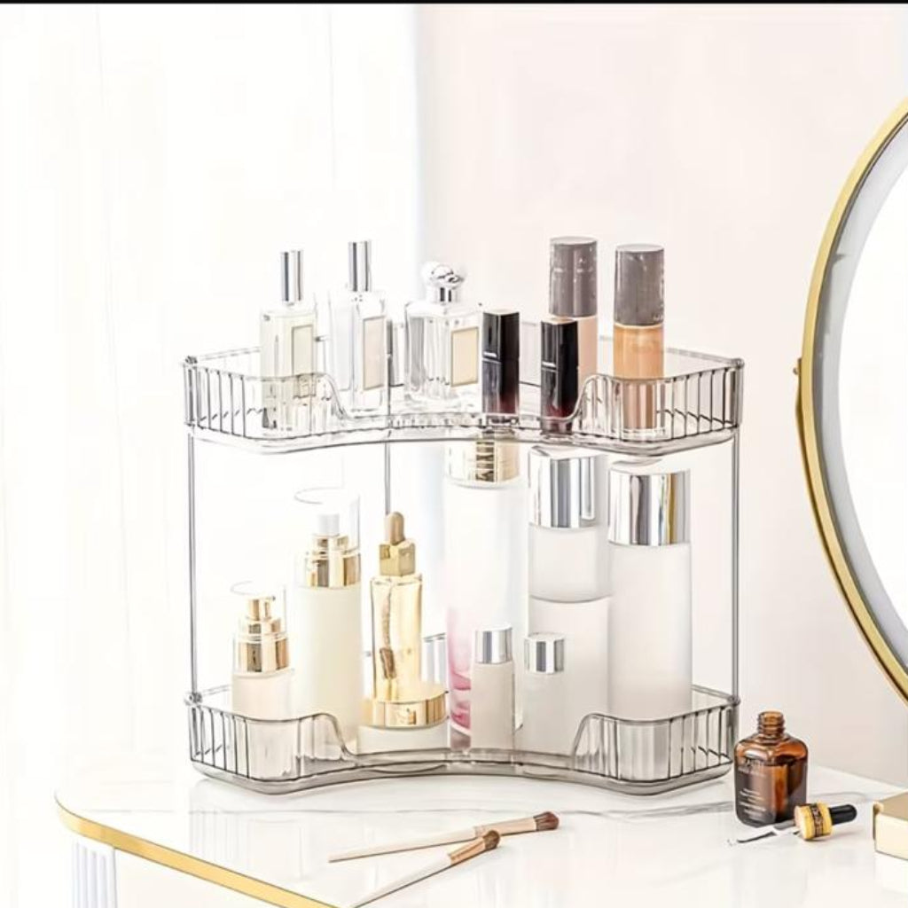 Multi-Layer Plastic Corner Shelf – Transparent Cosmetics & Perfume Organizer, Space-Saving Vanity Rack
