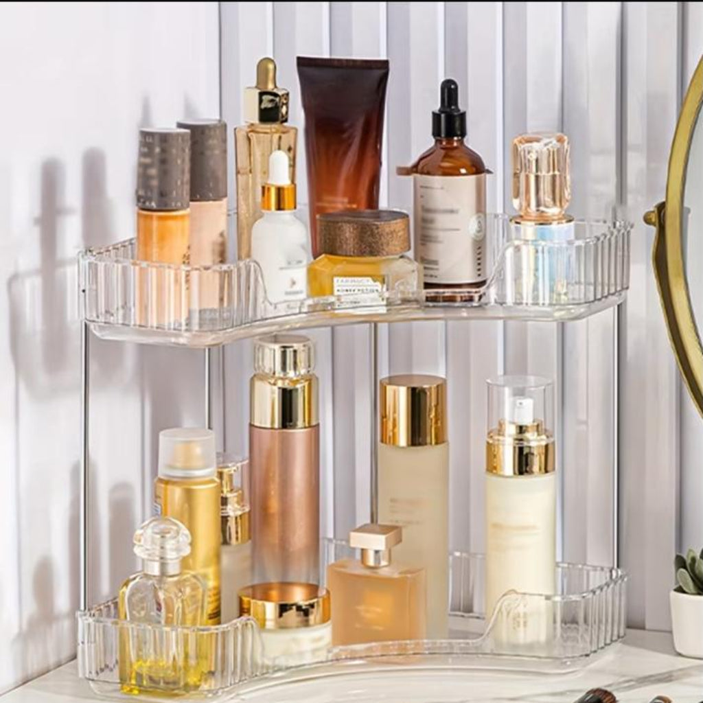 Multi-Layer Plastic Corner Shelf – Transparent Cosmetics & Perfume Organizer, Space-Saving Vanity Rack