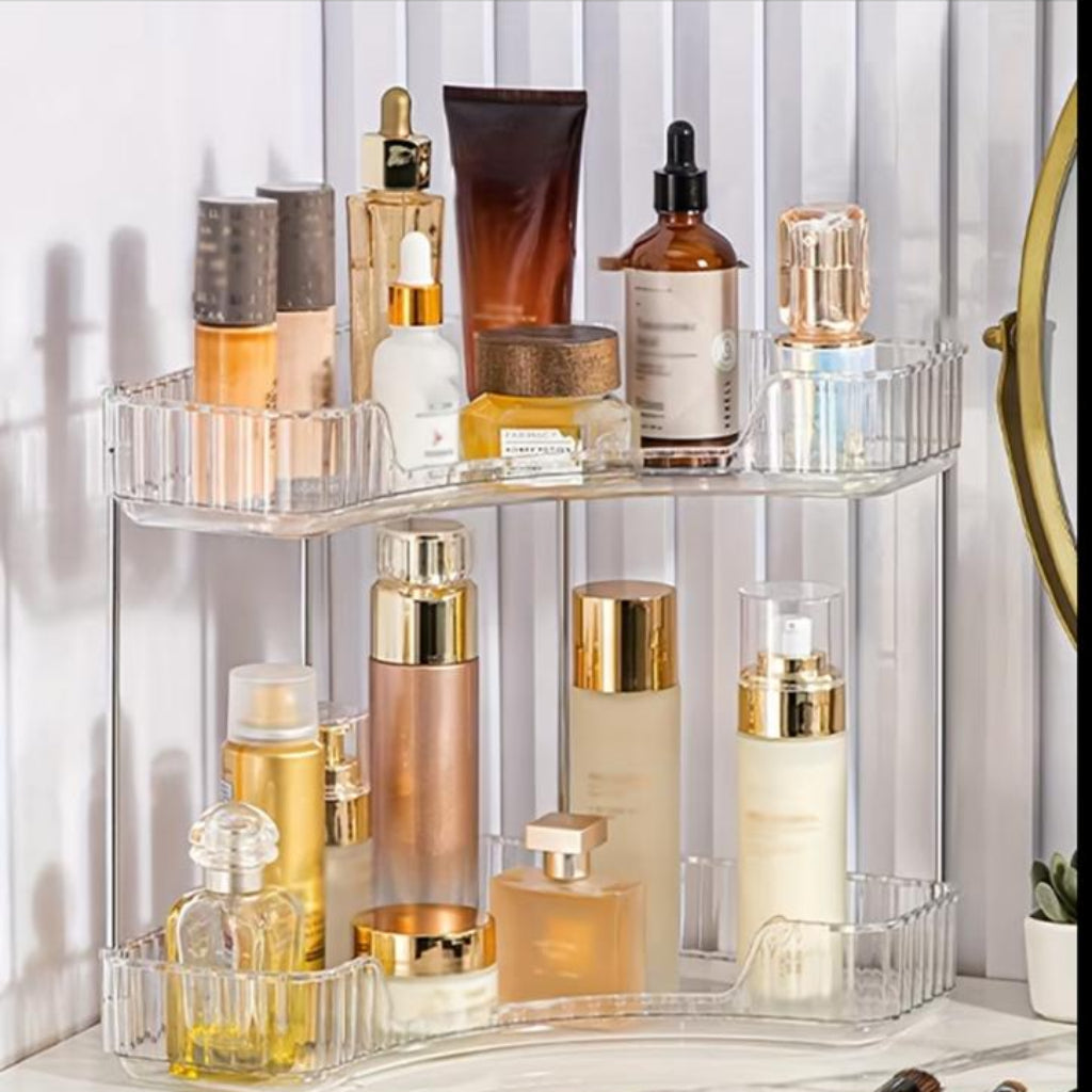 Multi-Layer Plastic Corner Shelf – Transparent Cosmetics & Perfume Organizer, Space-Saving Vanity Rack