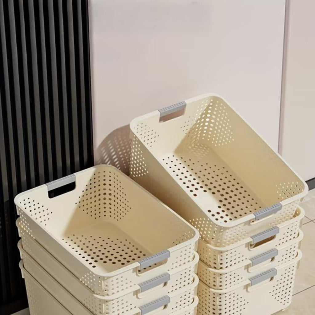Cream Open Storage Baskets – Stackable Ventilated Multi-Purpose Organizer Bins