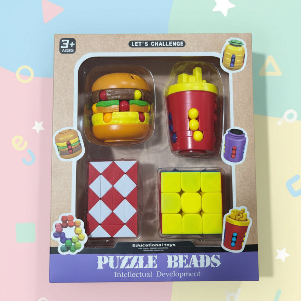 Kids Puzzle Beads Toy Set – Educational Food Shape Brain Teaser (4pcs Set)