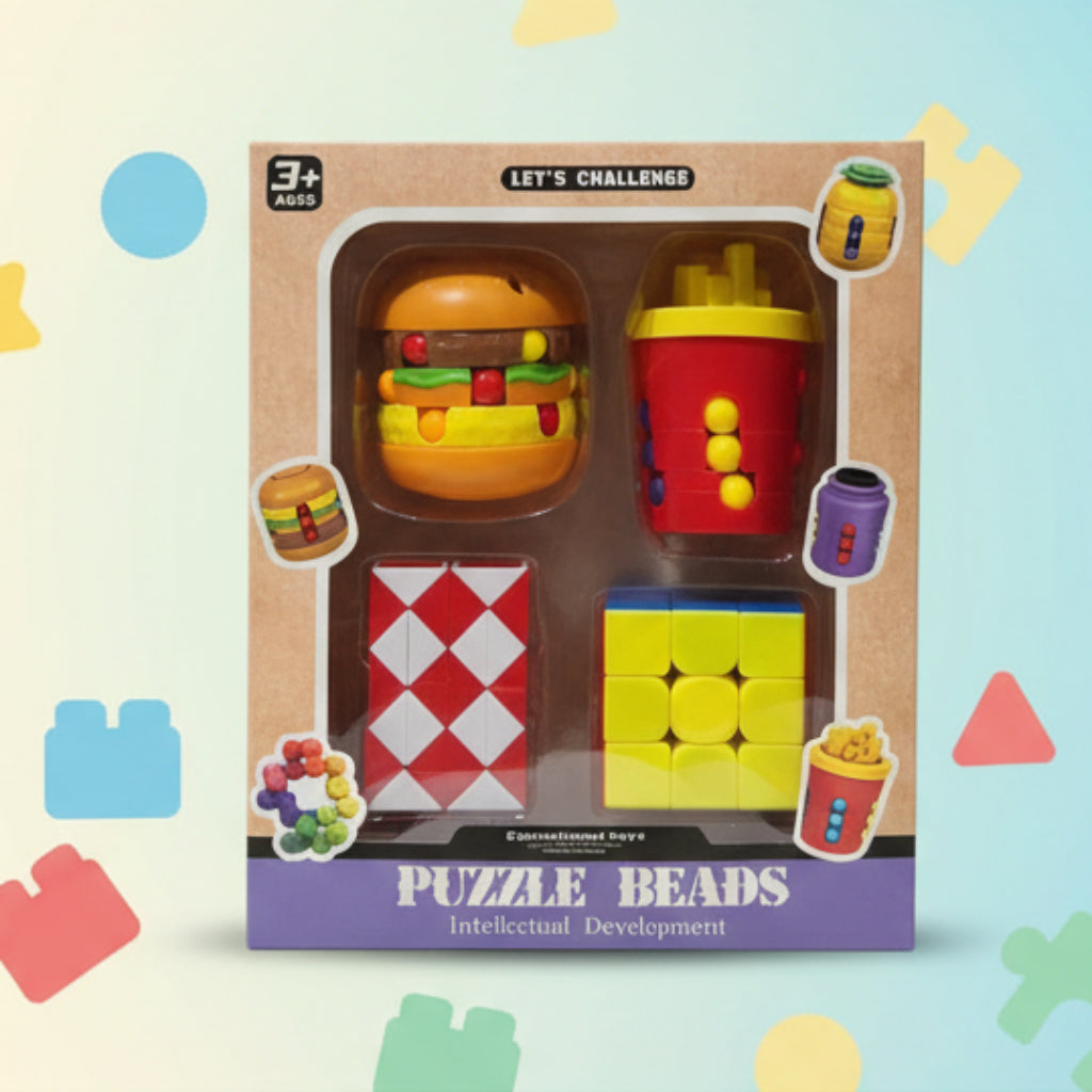 Kids Puzzle Beads Toy Set – Educational Food Shape Brain Teaser (4pcs Set)