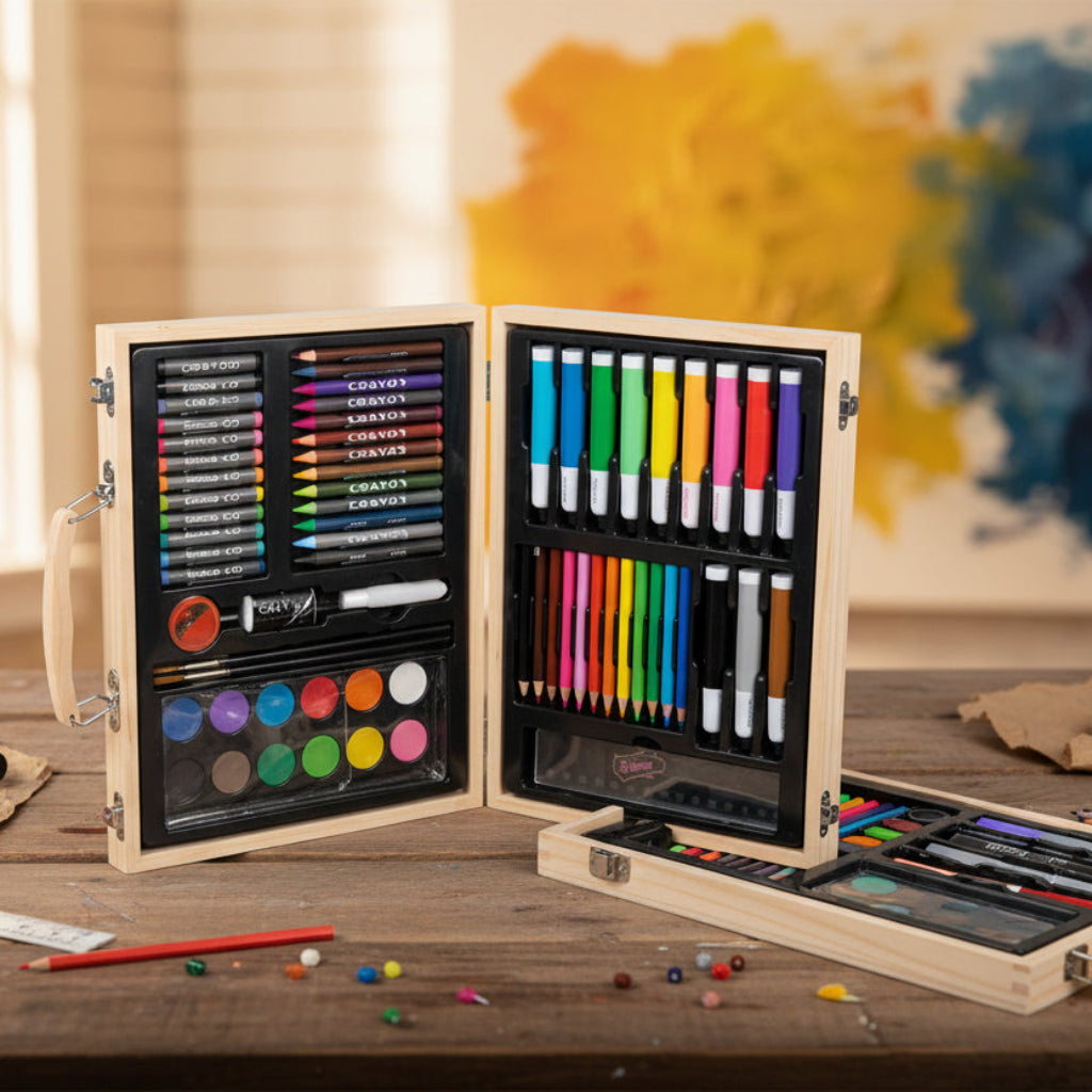 Kids Art Set Wooden Case | 70 Pieces Drawing & Coloring Kit with Crayons, Markers, Watercolors & Pencils