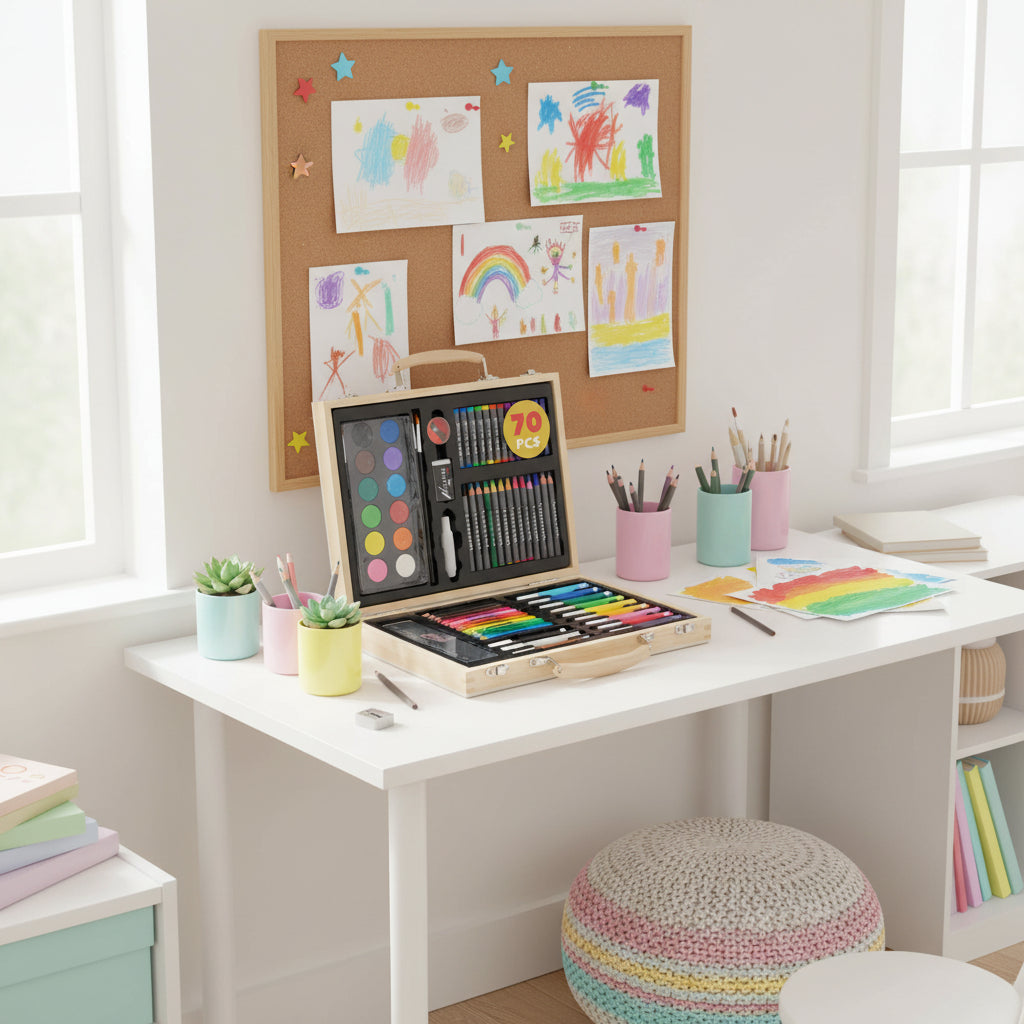Kids Art Set Wooden Case | 70 Pieces Drawing & Coloring Kit with Crayons, Markers, Watercolors & Pencils