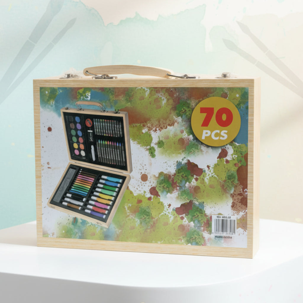 Kids Art Set Wooden Case | 70 Pieces Drawing & Coloring Kit with Crayons, Markers, Watercolors & Pencils
