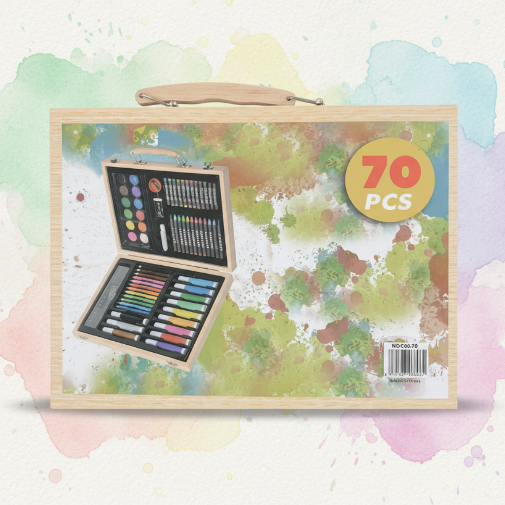 Kids Art Set Wooden Case | 70 Pieces Drawing & Coloring Kit with Crayons, Markers, Watercolors & Pencils
