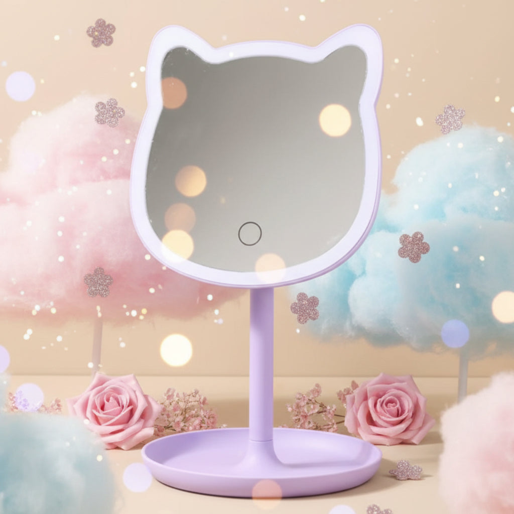 LED Cat Shape Makeup Mirror with Touch Light | Tabletop Vanity Mirror with Stand