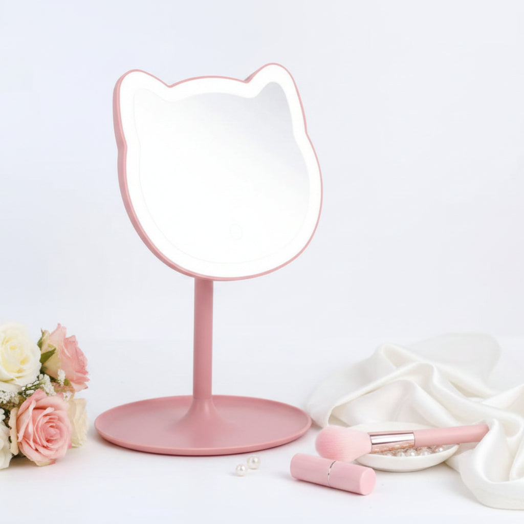 LED Cat Shape Makeup Mirror with Touch Light | Tabletop Vanity Mirror with Stand